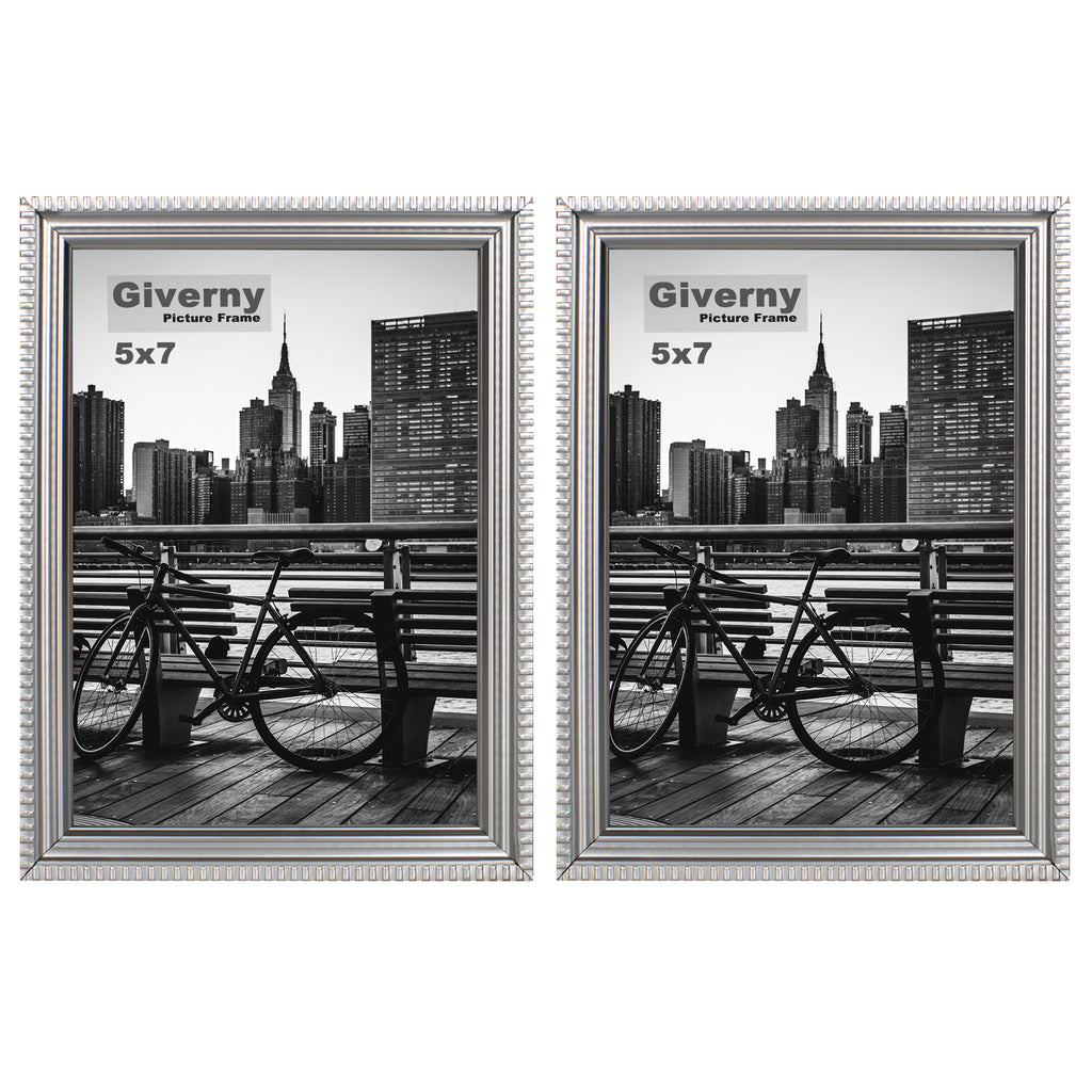 Giverny Picture Frame(5x7 Silver), 2-Pack Wall-Mounted or Desk Top Display, Ultra-Light Photo Frame with Plexiglass Panel for Weddings, Parties, Ceremonies, Living Rooms, Bedrooms